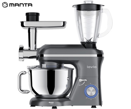 MANTA LOVIO LVSTM02P ChefAssistant Plus kuhinjski robot / mešalnik, 1900W moč, 6.2L posoda, 6 hitrosti, Pulse funkcija, stepanje / mešanje / gnetenje, nerjaveče jeklo, +dodatki, siv (Titanium Gray)