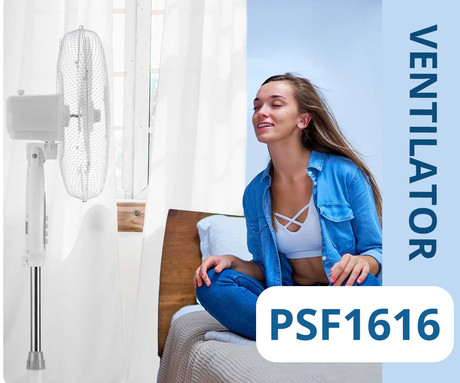 PLATINET PSF1616 ventilator, 16" (41cm), 40W moč, 3 lopatice, samostoječ, MESH zaščitna mreža, robustna konstrukcija, nizka poraba energije, tiho delovanje, kovina, 120x60x60cm, bel