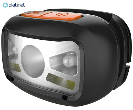 PLATINET PHL2882 naglavna LED svetilka, 3W moč, 270 lumnov, 1200mAh polnilna baterija, 4 načini delovanja, IP20 odpornost, upravljanje z gumbi / kretnjami, +naglavni trak, črno-oranžna