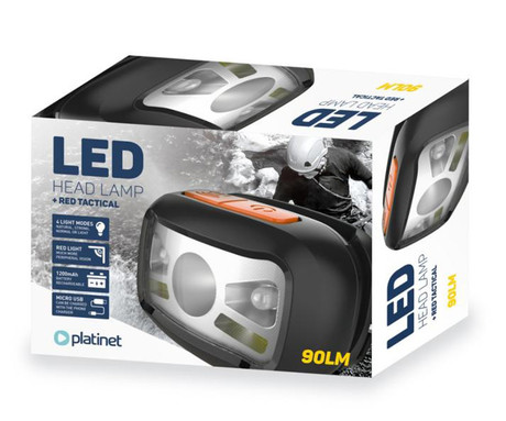 PLATINET PHL2882 naglavna LED svetilka, 3W moč, 270 lumnov, 1200mAh polnilna baterija, 4 načini delovanja, IP20 odpornost, upravljanje z gumbi / kretnjami, +naglavni trak, črno-oranžna