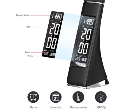 PLATINET PDLU3 namizna LED svetilka, do 480 lumnov, nastavljiva svetlost, nastavljiva barvna temperatura, upogljiv vrat, koledar, ura, termometer, IP20 odpornost, +adapter, 50x9x6cm, črna