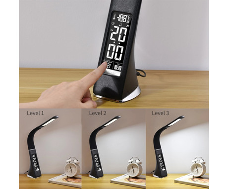 PLATINET PDLU3 namizna LED svetilka, do 480 lumnov, nastavljiva svetlost, nastavljiva barvna temperatura, upogljiv vrat, koledar, ura, termometer, IP20 odpornost, +adapter, 50x9x6cm, črna