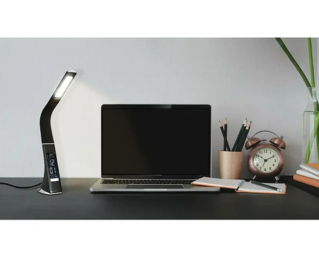 PLATINET PDLU3 namizna LED svetilka, do 480 lumnov, nastavljiva svetlost, nastavljiva barvna temperatura, upogljiv vrat, koledar, ura, termometer, IP20 odpornost, +adapter, 50x9x6cm, črna