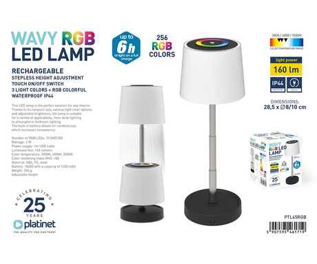 PLATINET PTL45RGB WAVY brezžična namizna LED svetilka, do 160 lumnov, nastavljiva svetlost / barvna temperatura / višina, 1200mAh polnilna baterija, IP44 odpornost, USB Type-C, 28.5x10cm, črno-bela