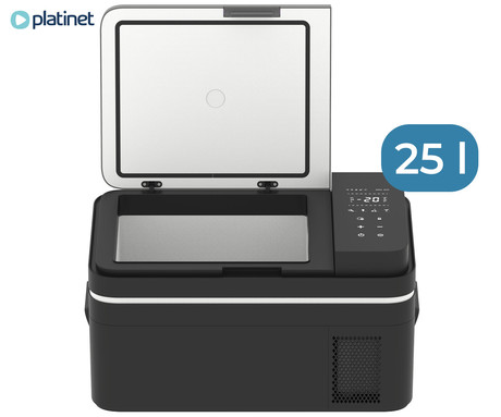 PLATINET PCCR25 prenosni kompresorski hladilnik, 25L, 12V/24V/230V napajanje, do -20°C, učinkovit hladilni sistem, nizka poraba energije, kompaktne dimenzije, tiho delovanje, 623x378x325mm, črno-siv
