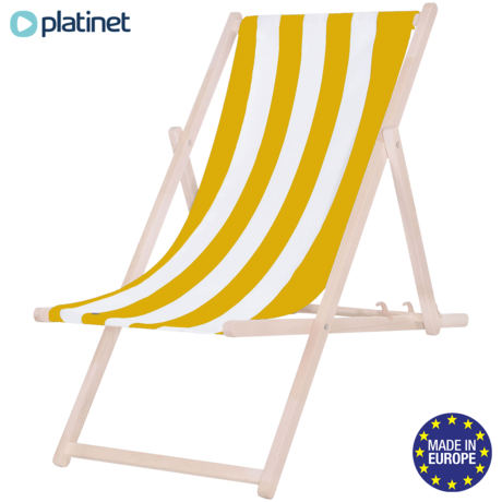 PLATINET PSW leseni ležalnik, MADE in EU, 3 stopnje nastavitve, zložljiva oblika, ultra lahka teža, zaščita pred nenamernim zlaganjem, bukov les, UV & vodoodporna tkanina, rumeno-bel