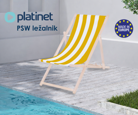 PLATINET PSW leseni ležalnik, MADE in EU, 3 stopnje nastavitve, zložljiva oblika, ultra lahka teža, zaščita pred nenamernim zlaganjem, bukov les, UV & vodoodporna tkanina, rumeno-bel