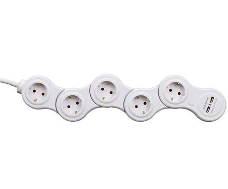 WELL EXTSR-5S3M-USB električni podaljšek, upogljiv / nastavljiv, 5x SCHUKO, 2x USB Type-A, 220-250V 16A, 3m kabel, IP20 odpornost, bel