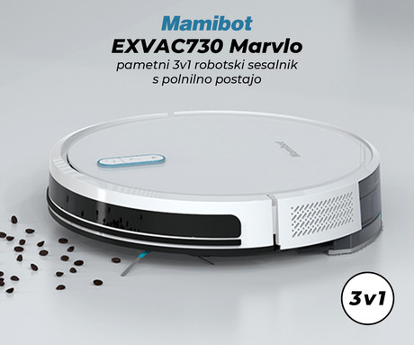 MAMIBOT EXVAC730 MARVLO robotski sesalnik, 3v1 hibrid (sesanje, pometanje, pomivanje), 3000Pa moč, GYRO 6.0 navigacija, WIFI, 2600mAh baterija, 2v1 rezervoar, aplikacija, bel (Cloud White)