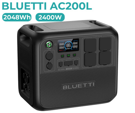 BLUETTI AC200L prenosna polnilna postaja, 2400W moč, 2048Wh baterija, polnjenje / napajanje naprav, BMS sistem, aplikacija, 4x AC, 2x DC 48/12V, 2x USB-A, 2x USB-C, zaslon, ročaj, črna