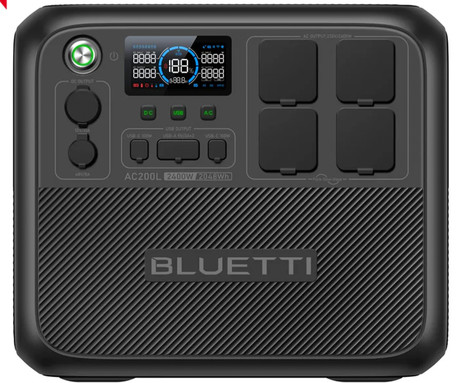 BLUETTI AC200L prenosna polnilna postaja, 2400W moč, 2048Wh baterija, polnjenje / napajanje naprav, BMS sistem, aplikacija, 4x AC, 2x DC 48/12V, 2x USB-A, 2x USB-C, zaslon, ročaj, črna