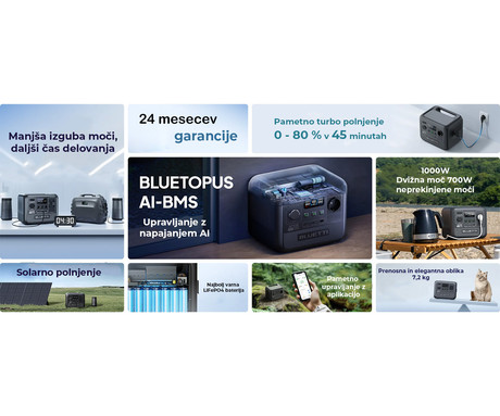 BLUETTI AC50B prenosna polnilna postaja, 700W moč, 448Wh baterija, polnjenje / napajanje naprav, AI BMS sistem, aplikacija, 1x AC, 1x DC 12V, 1x USB-A, 2x USB-C, zaslon, ročaj, črna