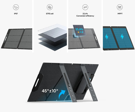 BLUETTI PV100 prenosni solarni panel, 100W moč, polnjenje polnilnih postaj, zložljiva oblika, stojalo, ročaj, UV odpornost, IP67 vodoodpornost, ETFE prevleka, MC4 konektor, črn