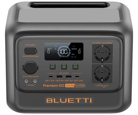 BLUETTI PREMIUM 100 V2 prenosna polnilna postaja, 1800W moč, 1024Wh baterija, polnjenje / napajanje naprav, BMS sistem, aplikacija, 2x AC, 1x DC 12V, 2x USB-A, 2x USB-C, zaslon, ročaj, črna