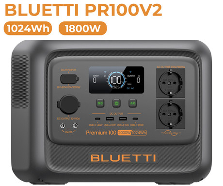BLUETTI PREMIUM 100 V2 prenosna polnilna postaja, 1800W moč, 1024Wh baterija, polnjenje / napajanje naprav, BMS sistem, aplikacija, 2x AC, 1x DC 12V, 2x USB-A, 2x USB-C, zaslon, ročaj, črna