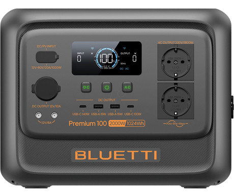 BLUETTI PREMIUM 100 V2 prenosna polnilna postaja, 1800W moč, 1024Wh baterija, polnjenje / napajanje naprav, BMS sistem, aplikacija, 2x AC, 1x DC 12V, 2x USB-A, 2x USB-C, zaslon, ročaj, črna