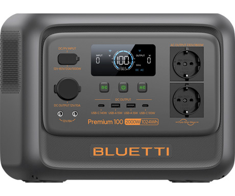BLUETTI PREMIUM 100 V2 prenosna polnilna postaja, 1800W moč, 1024Wh baterija, polnjenje / napajanje naprav, BMS sistem, aplikacija, 2x AC, 1x DC 12V, 2x USB-A, 2x USB-C, zaslon, ročaj, črna