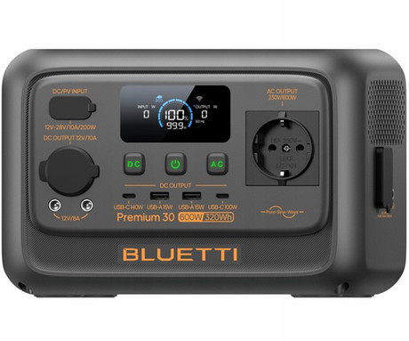 BLUETTI PREMIUM 30 V2 prenosna polnilna postaja, 600W moč, 288Wh baterija, polnjenje / napajanje naprav, BMS sistem, aplikacija, 1x AC, 1x DC 12V, 2x USB-A, 1x USB-C, zaslon, ročaj, črna