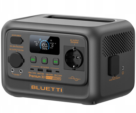BLUETTI PREMIUM 30 V2 prenosna polnilna postaja, 600W moč, 288Wh baterija, polnjenje / napajanje naprav, BMS sistem, aplikacija, 1x AC, 1x DC 12V, 2x USB-A, 1x USB-C, zaslon, ročaj, črna
