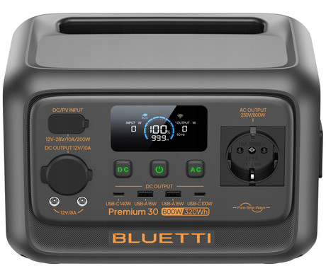BLUETTI PREMIUM 30 V2 prenosna polnilna postaja, 600W moč, 288Wh baterija, polnjenje / napajanje naprav, BMS sistem, aplikacija, 1x AC, 1x DC 12V, 2x USB-A, 1x USB-C, zaslon, ročaj, črna
