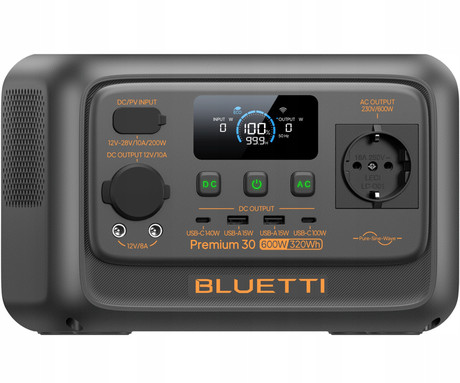BLUETTI PREMIUM 30 V2 prenosna polnilna postaja, 600W moč, 288Wh baterija, polnjenje / napajanje naprav, BMS sistem, aplikacija, 1x AC, 1x DC 12V, 2x USB-A, 1x USB-C, zaslon, ročaj, črna