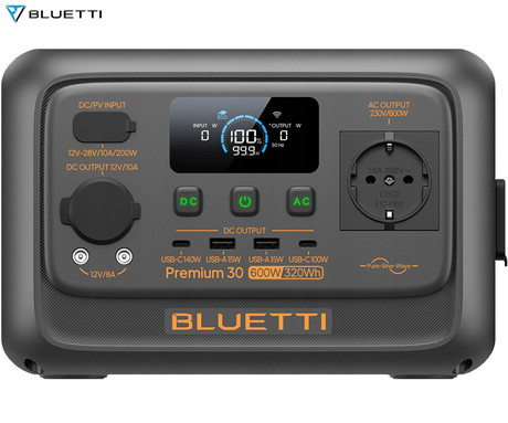 BLUETTI PREMIUM 30 V2 prenosna polnilna postaja, 600W moč, 288Wh baterija, polnjenje / napajanje naprav, BMS sistem, aplikacija, 1x AC, 1x DC 12V, 2x USB-A, 1x USB-C, zaslon, ročaj, črna