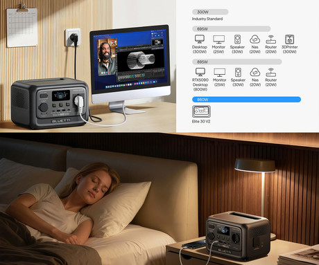 BLUETTI PREMIUM 30 V2 prenosna polnilna postaja, 600W moč, 288Wh baterija, polnjenje / napajanje naprav, BMS sistem, aplikacija, 1x AC, 1x DC 12V, 2x USB-A, 1x USB-C, zaslon, ročaj, črna