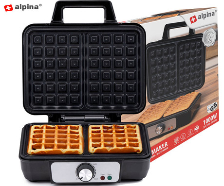 ALPINA WAFFLE aparat / naprava za vaflje, 1000W, električni, nastavljiva temperatura, premaz proti prijemanju, LED indikator, 75cm kabel, 23.7x24.7x9.7cm, črno srebrn