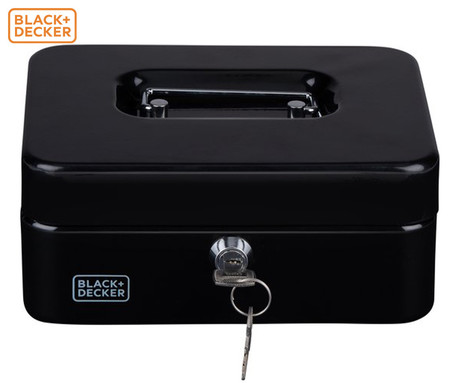 BLACK+DECKER blagajna / sef za denar s ključavnico, 3 predali / pregrade, 2 ključa, trpežna izdelava, jeklo, 20x16x8.5cm, črna