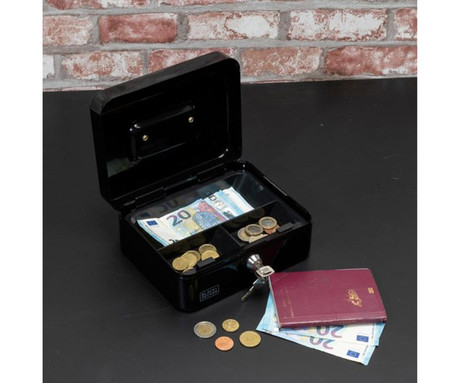 BLACK+DECKER blagajna / sef za denar s ključavnico, 3 predali / pregrade, 2 ključa, trpežna izdelava, jeklo, 20x16x8.5cm, črna