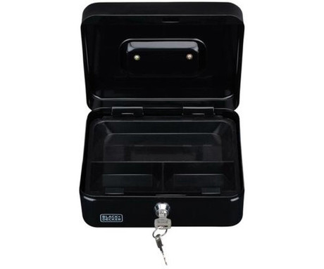 BLACK+DECKER blagajna / sef za denar s ključavnico, 3 predali / pregrade, 2 ključa, trpežna izdelava, jeklo, 20x16x8.5cm, črna
