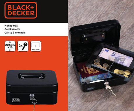 BLACK+DECKER blagajna / sef za denar s ključavnico, 3 predali / pregrade, 2 ključa, trpežna izdelava, jeklo, 20x16x8.5cm, črna