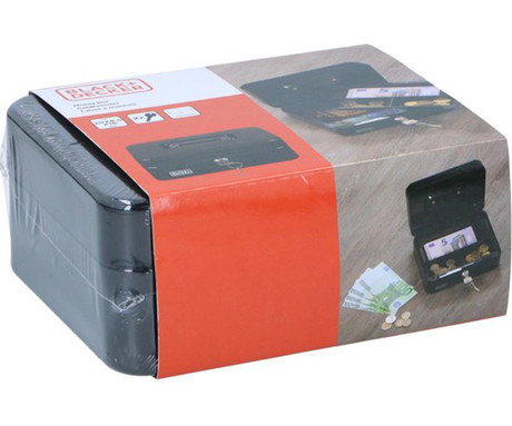 BLACK+DECKER blagajna / sef za denar s ključavnico, 3 predali / pregrade, 2 ključa, trpežna izdelava, jeklo, 20x16x8.5cm, črna