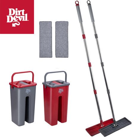 DIRT DEVIL komplet za čiščenje tal / površin, 4 kos, 360° vrtljiva krpa, 6L vedro, 2x krpa, ultra lahka teža, za suho / mokro čiščenje, siva, rdeča