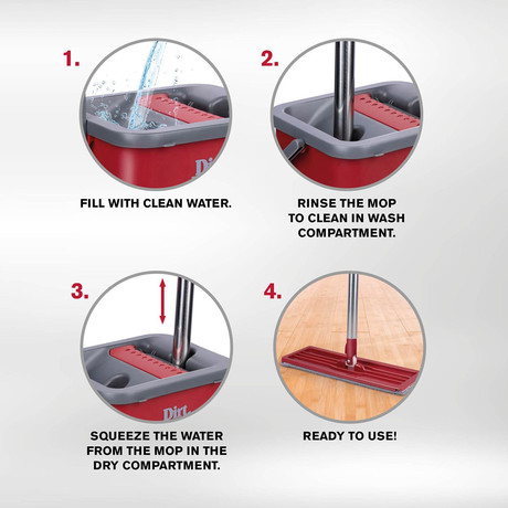 DIRT DEVIL komplet za čiščenje tal / površin, 4 kos, 360° vrtljiva krpa, 6L vedro, 2x krpa, ultra lahka teža, za suho / mokro čiščenje, siva, rdeča