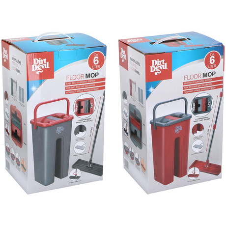 DIRT DEVIL komplet za čiščenje tal / površin, 4 kos, 360° vrtljiva krpa, 6L vedro, 2x krpa, ultra lahka teža, za suho / mokro čiščenje, siva, rdeča