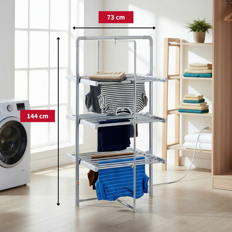 DIRT DEVIL DD6004 električno stojalo za sušenje perila, 2V1, pokončno / samostoječe / zložljivo, 300W, 21m prostora, 30 palic, nastavljiva temperatura, IP22 vodoodpornost, aluminij, srebrno