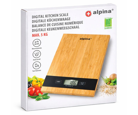 ALPINA digitalna kuhinjska tehtnica, max 5kg, LCD zaslon, funkcija TARA, samodejni vklop / izklop, bambus, rjava