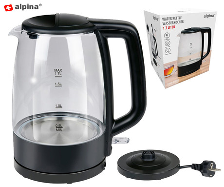 ALPINA KETTLE grelnik vode, 1.7L, 2200W, LED indikator, varnostne zaščite, samodejni izklop, 360° podstavek, črn