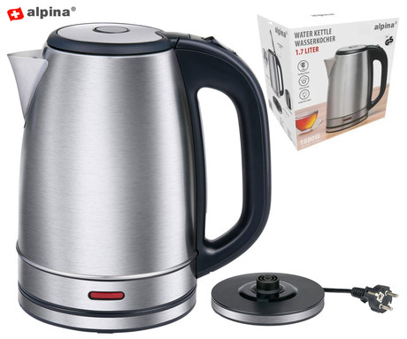ALPINA KETTLE grelnik vode, 1.7L, 1800W, LED indikator, varnostne zaščite, samodejni izklop, 360° podstavek, nerjaveče jeklo, srebrn