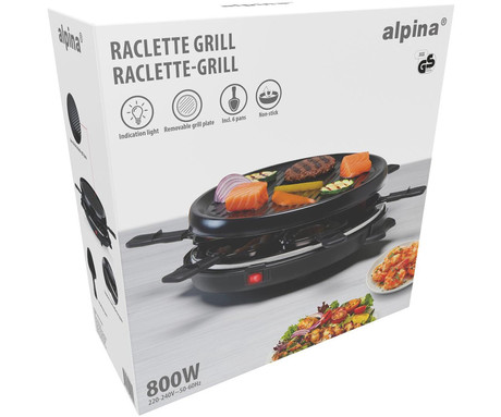 ALPINA GRILL električni žar / raclette, gourmet, 800W, premaz proti prijemanju, snemljiva plošča, 6x ponev, črn ALPINA GRILL električni žar / raclette, gourmet, 800W, premaz proti prijemanju, snemljiva plošča, 6x ponev, črn