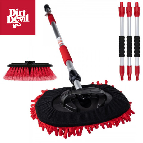 DIRT DEVIL komplet za pranje / čiščenje vozil, 5 kos, ALL IN ONE, 1x mehka krtača, 1x šenilna krpa, 3x držalo, možnost priključitve cevi za vodo, črn, rdeč