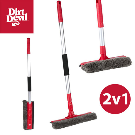 DIRT DEVIL 2V1 metla / brisalec za čiščenje stekla, strgalo, krpa, teleskopski ročaj od 68-116cm, srebrna, rdeča