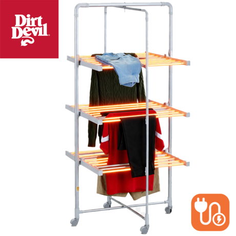 DIRT DEVIL DD6004 električno stojalo za sušenje perila, 2V1, pokončno / samostoječe / zložljivo, 300W, 21m prostora, 30 palic, nastavljiva temperatura, IP22 vodoodpornost, aluminij, srebrno
