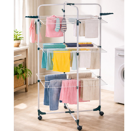 DIRT DEVIL stojalo za sušenje perila, pokončno / samostoječe / zložljivo, kovinsko, 30m prostora, kavlji za obešalnike, kolesa za premikanje, izjemna stabilnost, za notranjo / zunanjo uporabo, belo