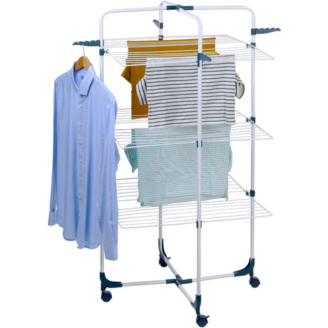 DIRT DEVIL stojalo za sušenje perila, pokončno / samostoječe / zložljivo, kovinsko, 30m prostora, kavlji za obešalnike, kolesa za premikanje, izjemna stabilnost, za notranjo / zunanjo uporabo, belo