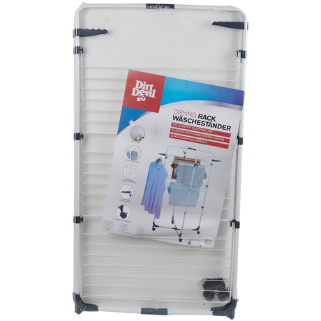DIRT DEVIL stojalo za sušenje perila, pokončno / samostoječe / zložljivo, kovinsko, 30m prostora, kavlji za obešalnike, kolesa za premikanje, izjemna stabilnost, za notranjo / zunanjo uporabo, belo
