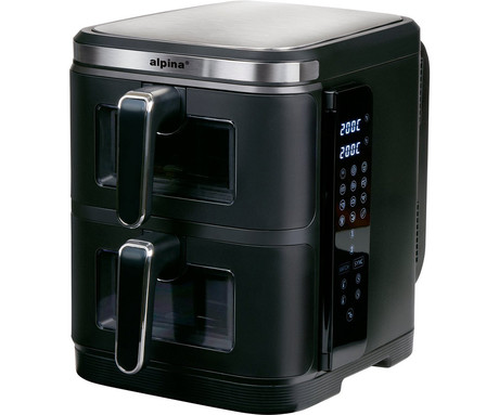 ALPINA DOUBLE XXL cvrtnik / friteza na vroč zrak, 11L, 2800W, 2x posoda, digital, časovnik / timer, sinhronizacija, samodejni izklop, brez olja, 80% manj maščob, črna