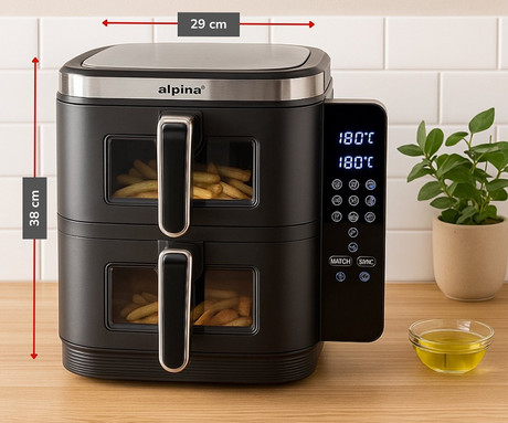 ALPINA DOUBLE XXL cvrtnik / friteza na vroč zrak, 11L, 2800W, 2x posoda, digital, časovnik / timer, sinhronizacija, samodejni izklop, brez olja, 80% manj maščob, črna