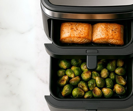 ALPINA DOUBLE XXL cvrtnik / friteza na vroč zrak, 11L, 2800W, 2x posoda, digital, časovnik / timer, sinhronizacija, samodejni izklop, brez olja, 80% manj maščob, črna